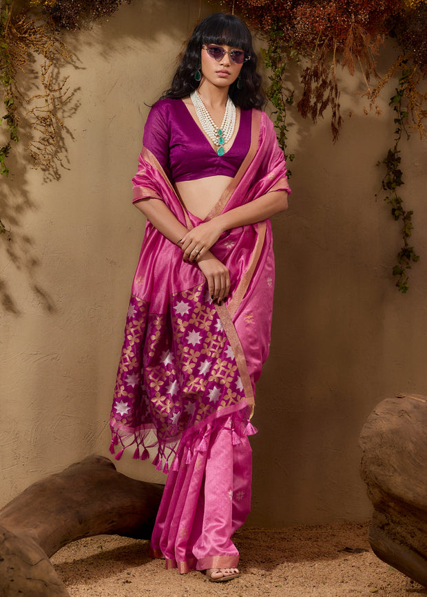 Carmine Pink Woven Cotton Silk Saree