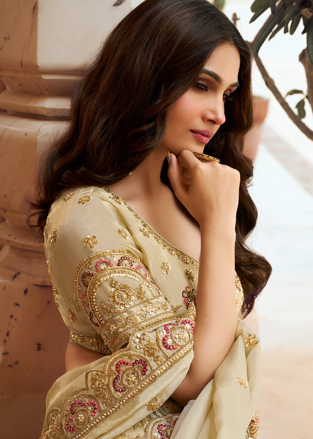 Beige Banarasi Silk Embroidered Lehenga