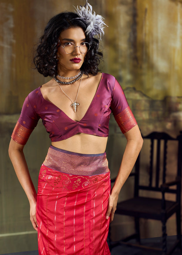 Raspberry Red Woven Banarasi Silk Saree