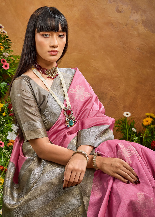 Candy Pink Woven Cotton Silk Saree