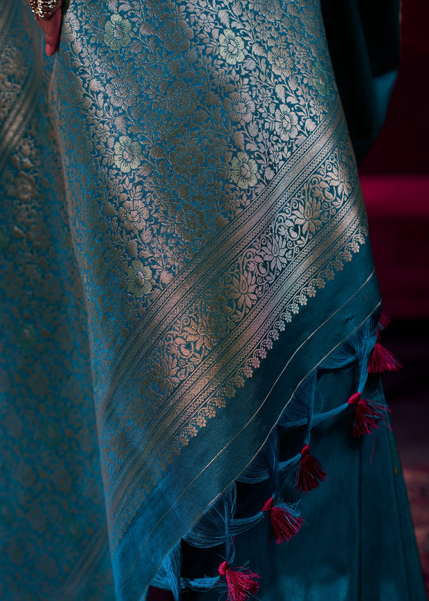 Moroccan Blue Woven Banarasi Satin Linen Silk Saree