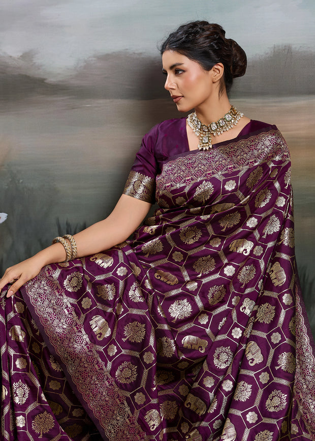 Plum Purple Woven Banarasi Silk Saree