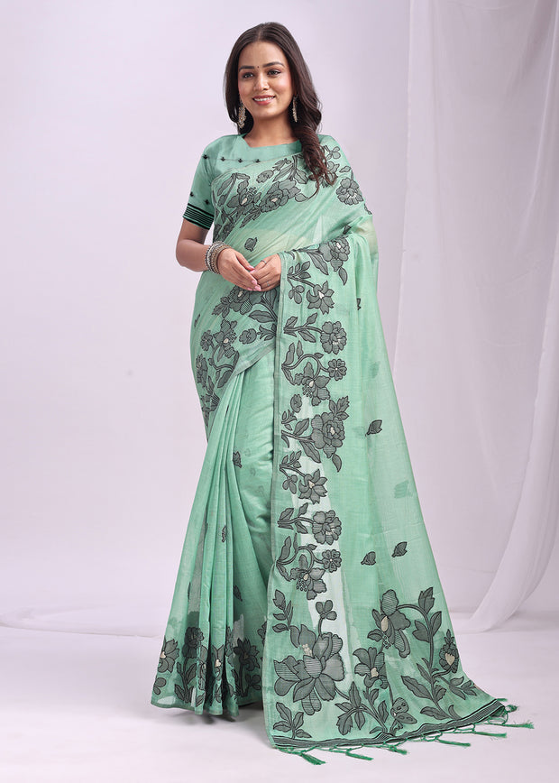 Sea Green Woven Cotton Linen Silk Saree