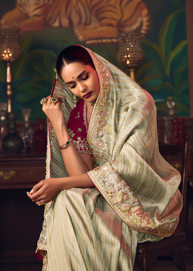 Mist Green Designer Embroidered Saree