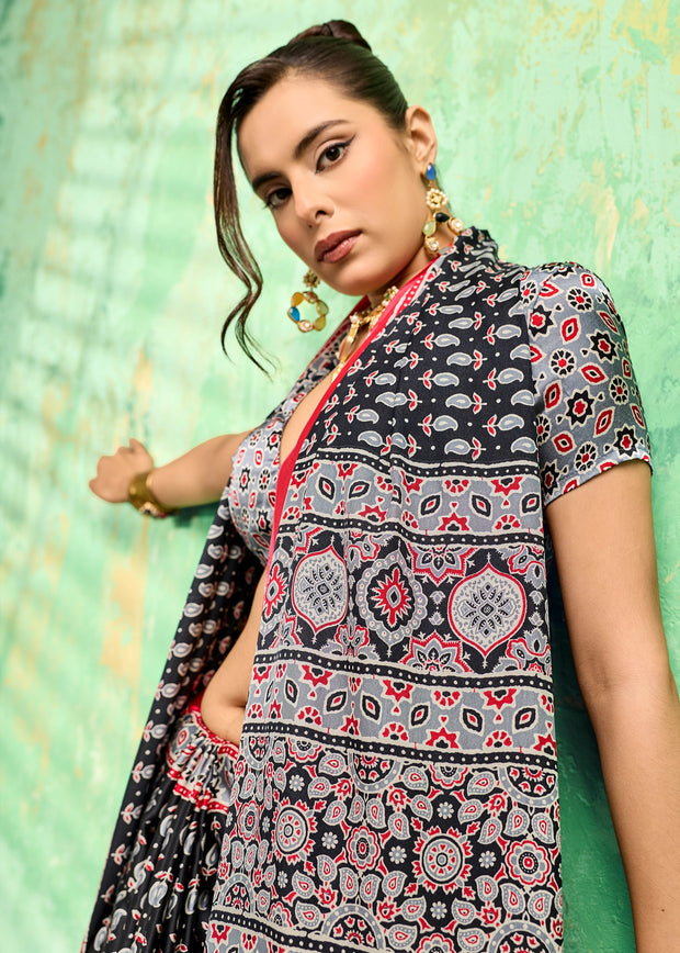 Black Printed Satin Silk Saree