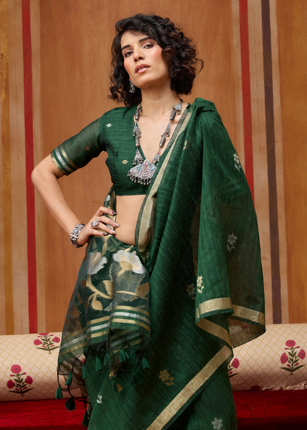 Forest Green Woven Cotton Silk Saree