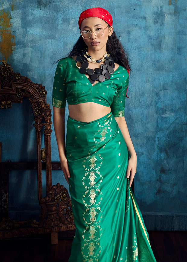 Peacock Green Woven Banarasi Satin Silk Saree