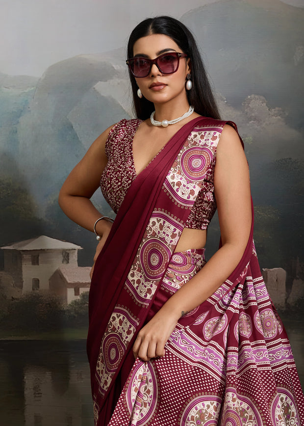 Beet Red Printed Satin Silk Saree