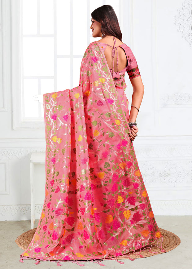 Peach Pink Woven Linen Cotton Silk Saree