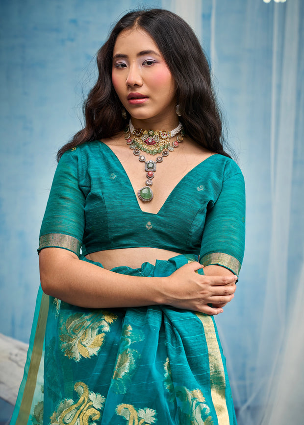Teal Blue Woven Cotton Silk Saree