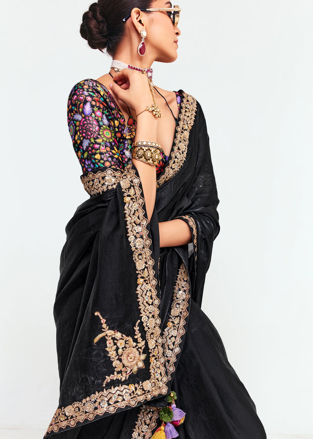 Jet Black Designer Embroidered Tissue Saree