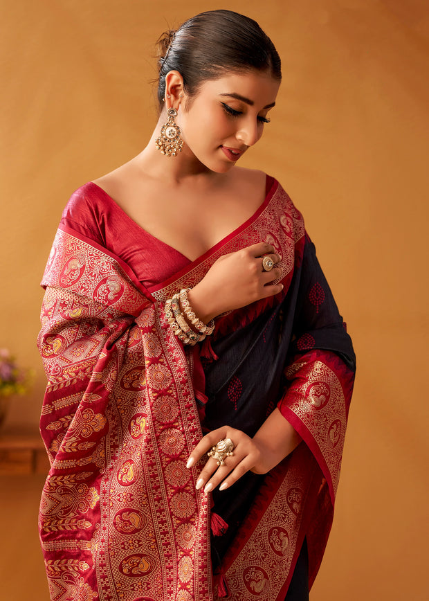 Black and Red Woven Banarasi Cotton Silk Saree