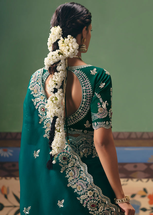Teal Green Embroidered Designer Saree