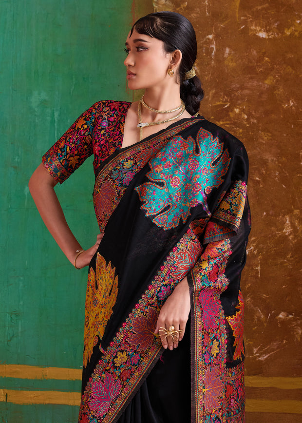 Black Woven Cotton Kashmiri Jamewar Saree