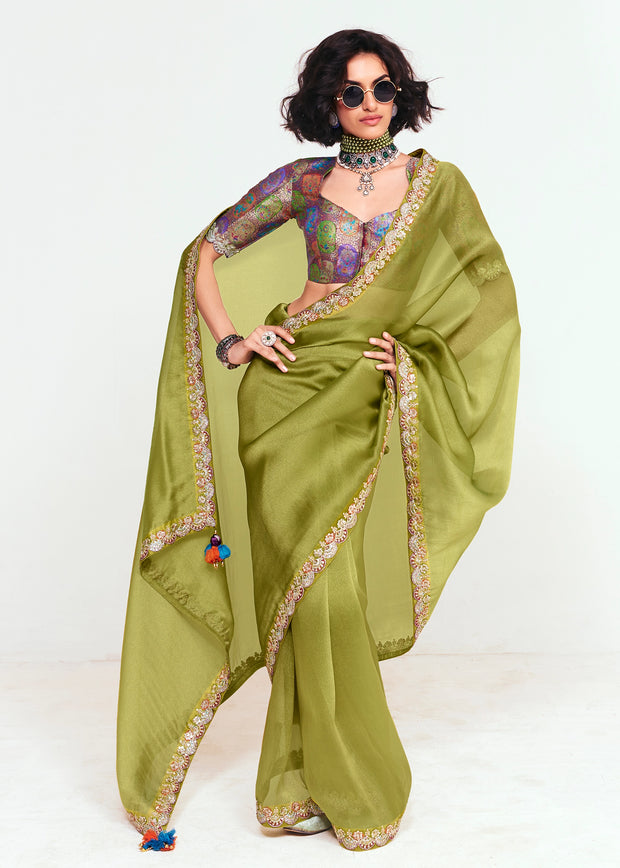 Kiwi Green Designer Embroidered Tissue Saree