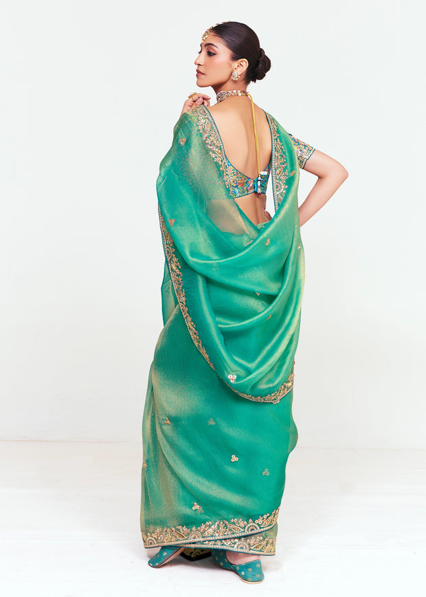 Sea Green Designer Embroidered Tissue Saree