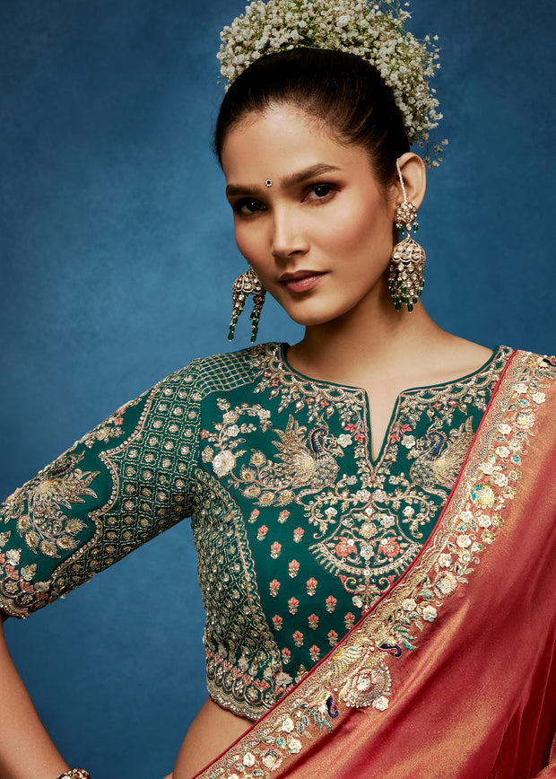 Rust Orange Embroidered Designer Tissue Saree