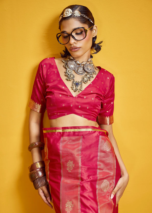 Rose Red Woven Banarasi Satin Silk Saree