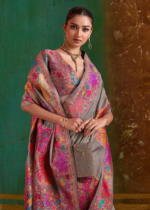 Taupe Grey Woven Cotton Kashmiri Jamewar Saree