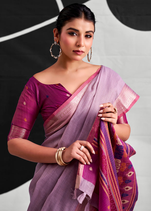 Lavender Purple Woven Linen Cotton Silk Saree