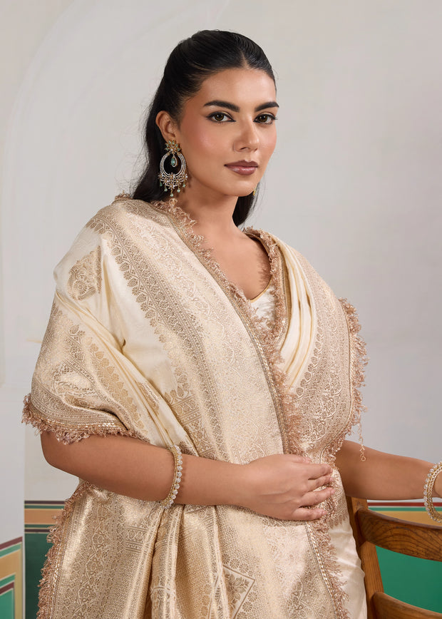 Snow White Woven Banarasi Satin Silk Saree
