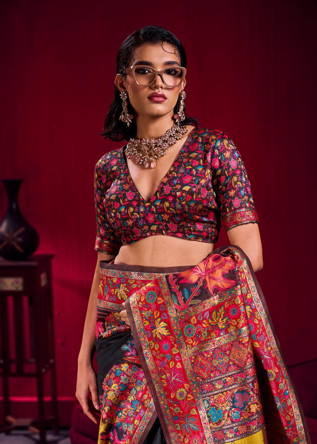 Pirate Black Woven Cotton Kashmiri Jamewar Saree