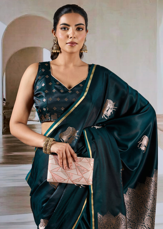 Bottle Green Banarasi Satin Silk Saree