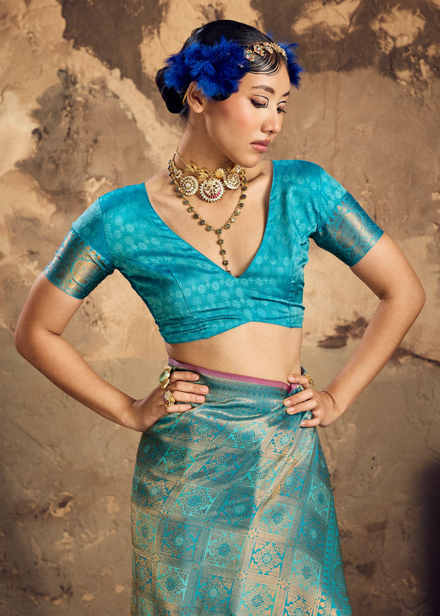 Firozi Blue Woven Kanjivaram Silk Saree