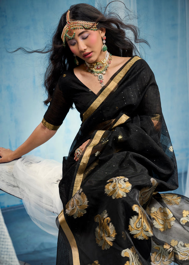 Pirate Black Woven Cotton Silk Saree