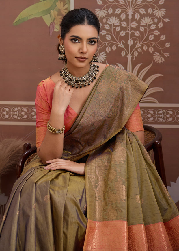 Olive Green Woven Tussar Silk Saree
