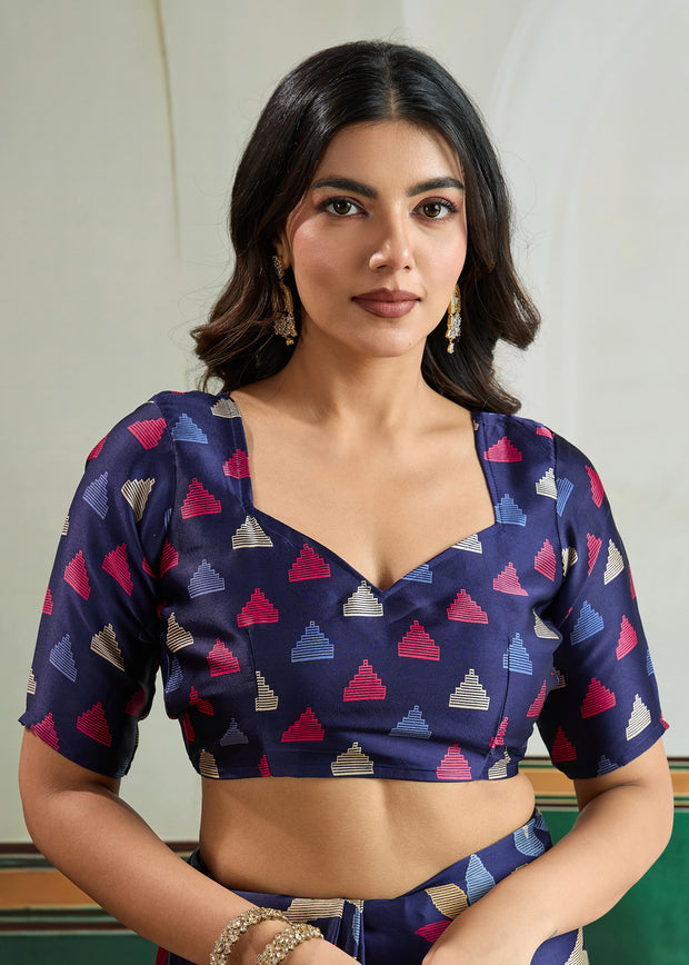 Twilight Blue Printed Satin Silk Saree