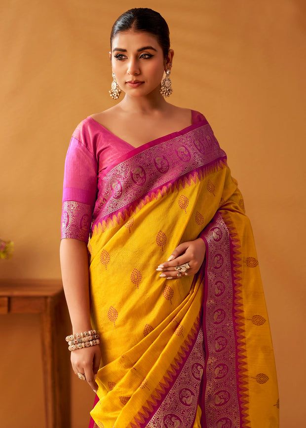 Vibrant Yellow Woven Banarasi Cotton Silk Saree