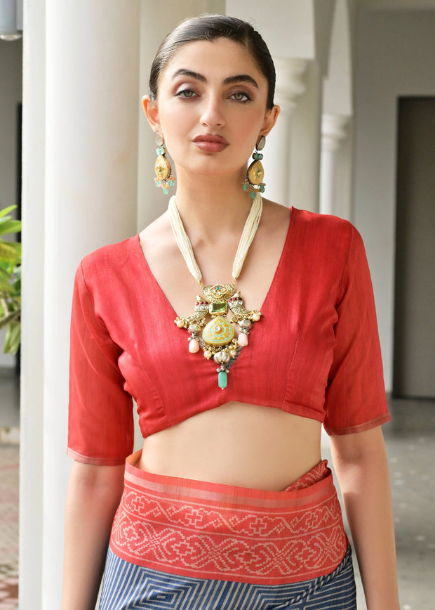 Slate Grey & Red Printed Tussar SIlk Saree