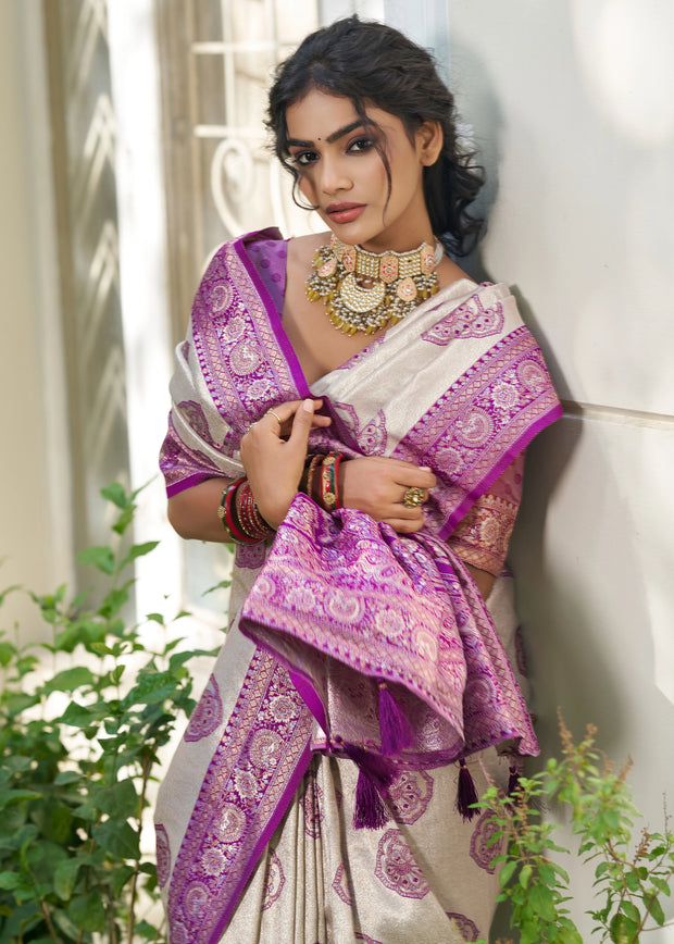 White And Purple Woven Banarasi Silk Saree