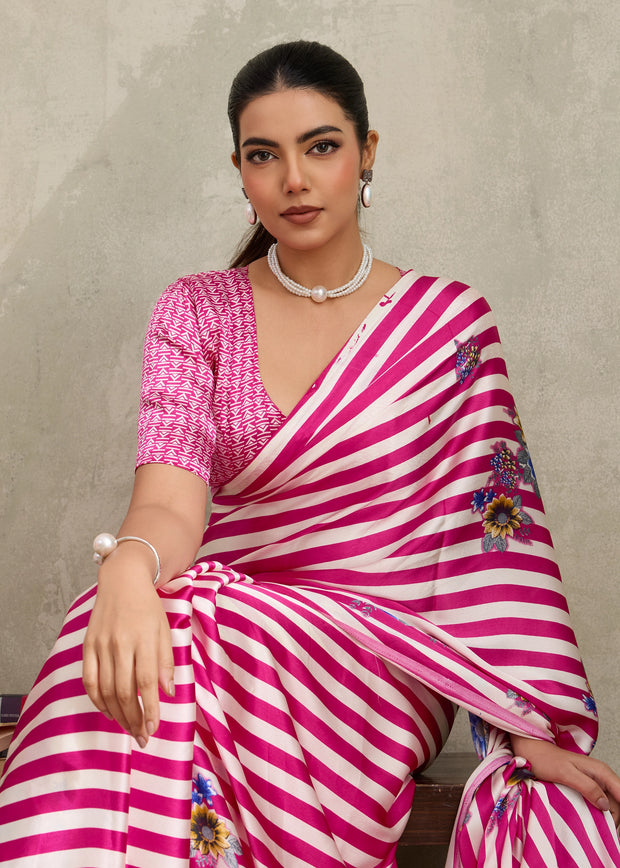 Blush Pink Printed Satin Silk Saree