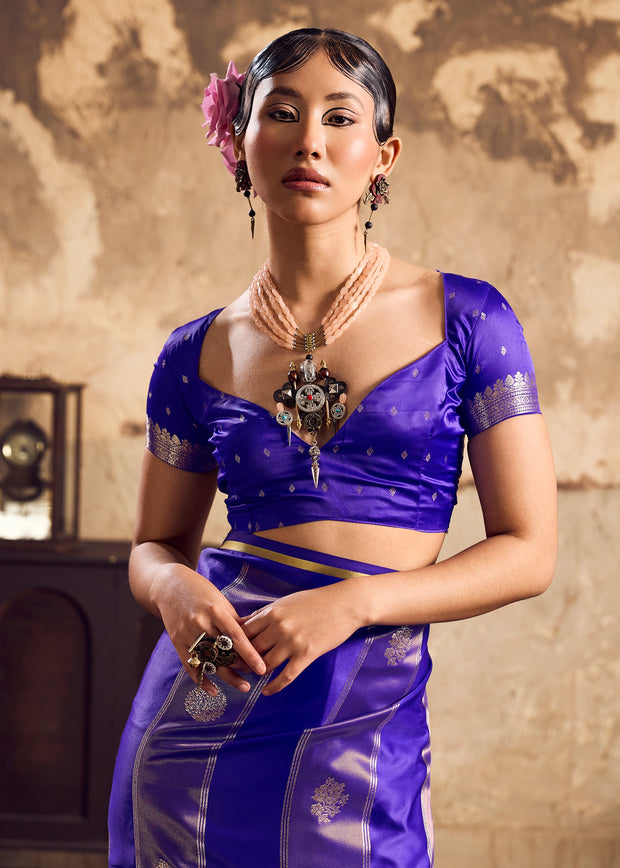 Navy Blue Rangkat Satin Silk Saree