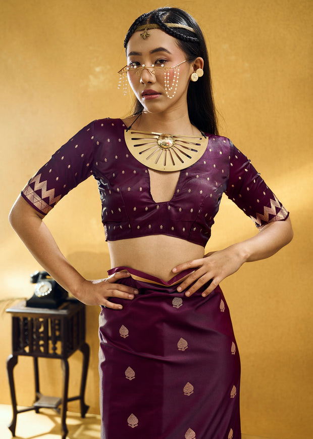 Wine Purple Woven Banarasi Satin Silk Saree