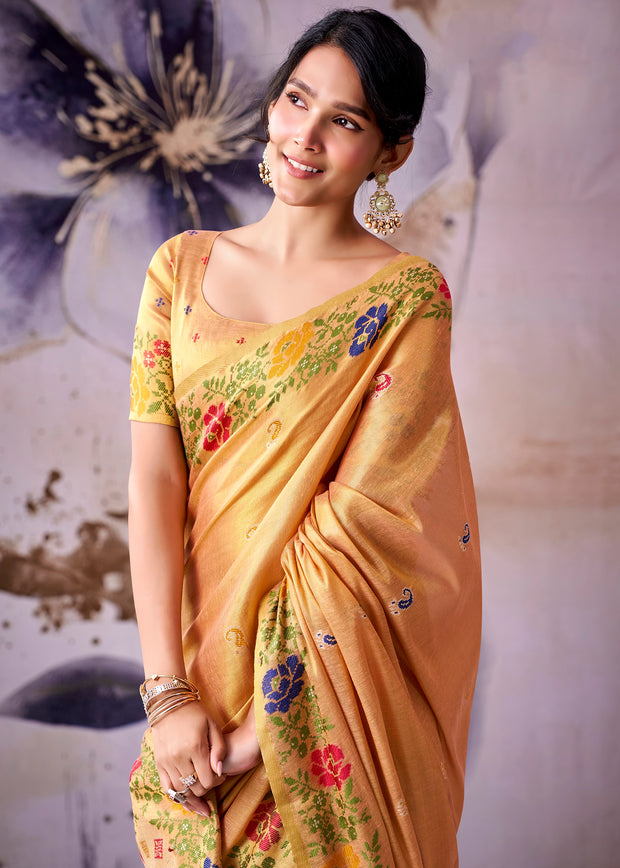 Golden Orange Woven Tissue Silk Saree