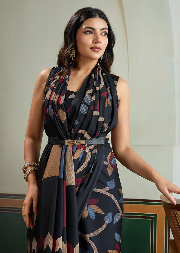Midnight Black Printed Satin Silk Saree