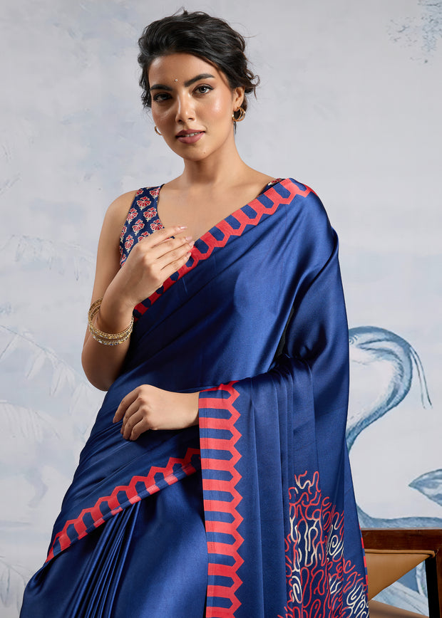 Ultramarin Blue Satin Silk Saree with Ajrakh Printed Pallu and Blouse