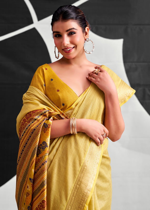 Dusky Yellow Woven Linen Cotton Silk Saree