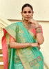 Aqua Green Woven Banarasi Designer Silk Saree With Contrast Blouse