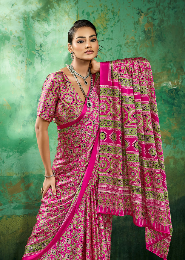 Pink Printed Satin Silk Saree