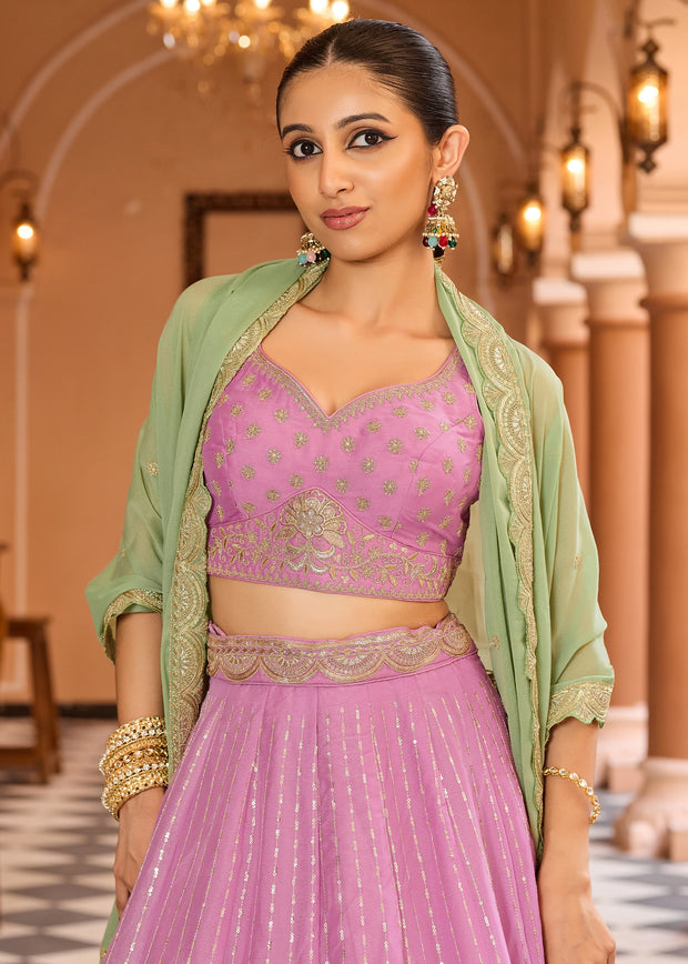 Pink Tissue Embroidered Semi-Stitched Lehenga