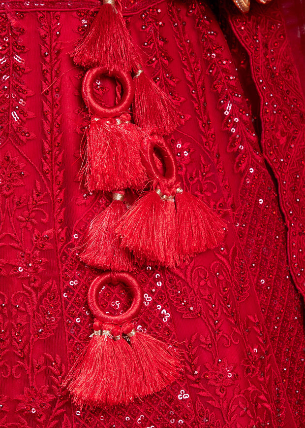 Poppy Red Net Embroidered Bridal Lehenga