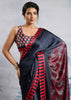 Jet Black Satin Silk Saree with Ajrakh Printed Pallu and Blouse