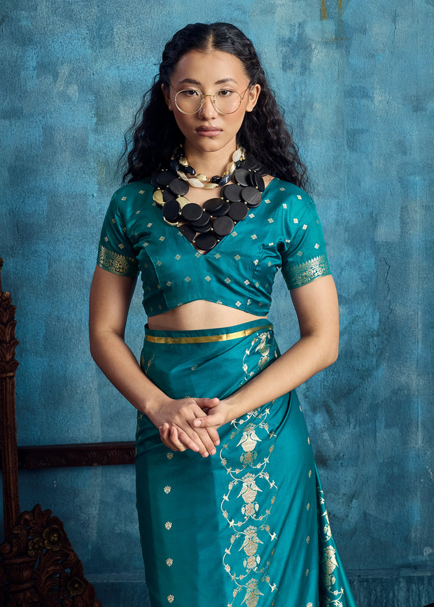 Teal Blue Woven Banarasi Satin Silk Saree