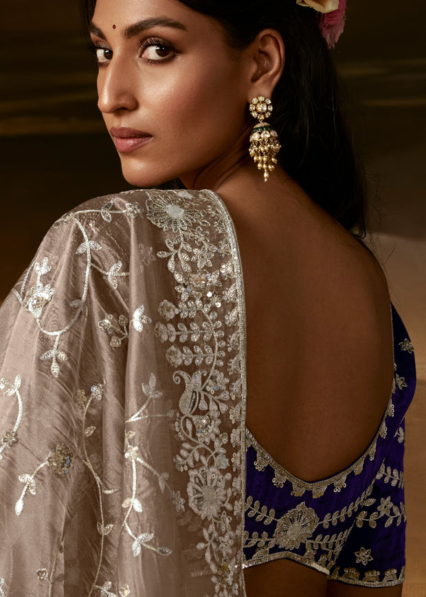 Metallic Beige Embroidered Designer Organza Saree