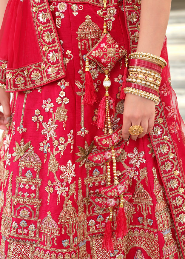 Royal Red Embroidered Silk Bridal Lehenga With Double Dupatta