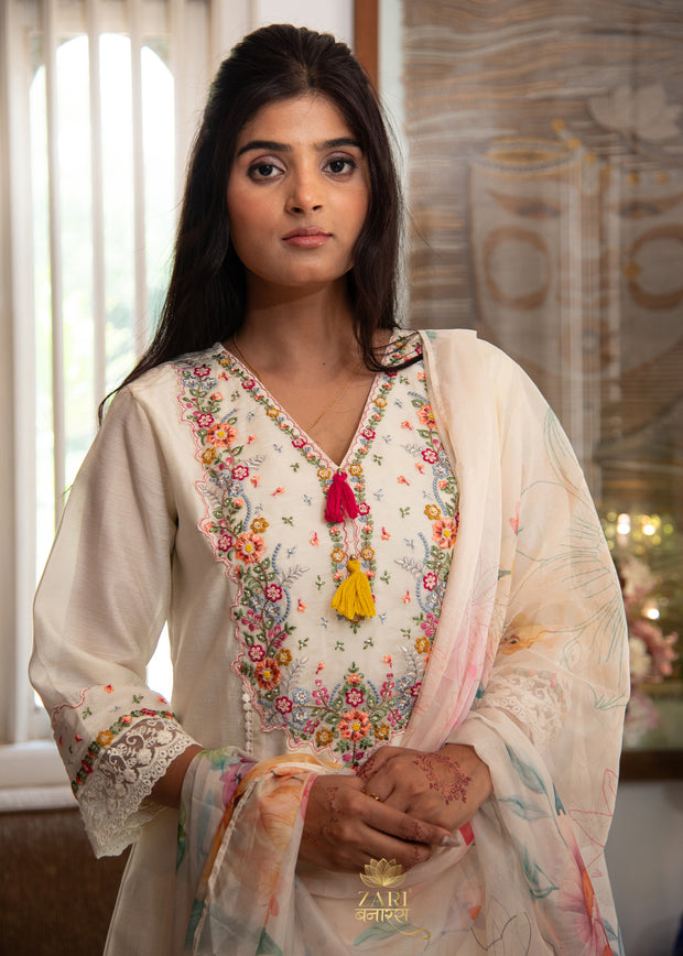 Ivory Bloom Embroidered Silk Suit Set (10702894825665)